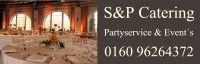 S&P Catering Werbung, Partyservice & Events, mit gedecktem Tisch, Telefonnummer 0160 96264372.