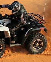 Persona conduciendo un vehículo todoterreno en el desierto, levantando polvo alrededor.