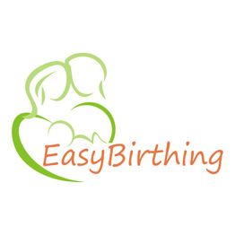 Grünes Logo mit stilisierten Eltern und Baby, darunter in Orange der Schriftzug "EasyBirthing".