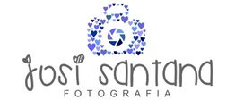 Logotipo de "Josi Santana Fotografia" com ícone de câmera formado por corações azuis.
