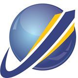 Logo de globo azul e amarelo com linhas curvas, estilo moderno e dinâmico.