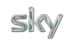 Silbernes, schillerndes Sky-Logo auf weißem Hintergrund.