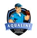 Cartoon plumber in blue uniform with Aqualine logo, plumbing, electrical, HVAC services.