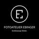 Logo von Fotoatelier Ebinger mit dem Buchstaben E und dem Slogan "Erstklassige Bilder".