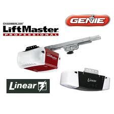 LiftMaster and Linear garage door openers with logos for Chamberlain, Genie, and Linear brands.