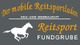 Graues Schild: "Der mobile Reitsportladen" und "Reitsport Fundgrube" mit galoppierendem Pferd.