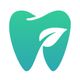 Teal tooth-shaped logo with a white leaf design on a white background.