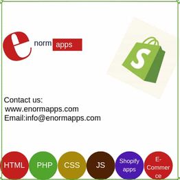 Enorm Apps logo with Shopify bag, contact info, and app icons for HTML, PHP, CSS, and more.