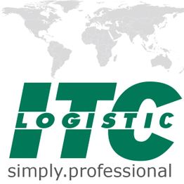 Grünes ITC Logistic-Logo vor Weltkarte, darunter "simply.professional".