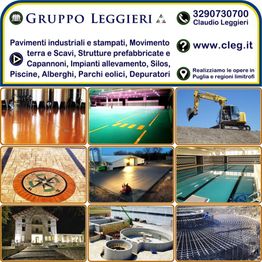 Collage di immagini di lavori edili e contatti del Gruppo Leggieri.