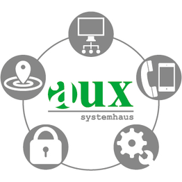 Logo von Aux Systemhaus mit Symbolen für Computer, Telefon, Standort, Schloss und Zahnrad.
