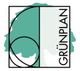 Ein stilisiertes Logo mit einem grünen Blatt und dem Wort "GRÜNPLAN".
