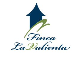 Logotipo de "Finca La Valienta" con flecha azul hacia arriba y texto en verde y azul.