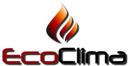 Logo "EcoClima" con fiamma stilizzata arancione e testo nero e rosso.