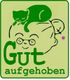 Illustration: Katze schläft auf dem Kopf einer lächelnden Person mit Brille, Text: "Gut aufgehoben".