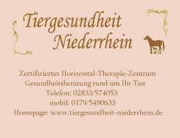 Tiergesundheit Niederrhein Logo mit Kontaktdaten und Webseite auf beigem Hintergrund.
