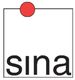 Logo mit schwarzem Rahmen, rotem Punkt oben und dem Schriftzug "sina" unten.