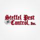 Steffel Pest Control, Inc. logo with red text and a spider web design on a white background.