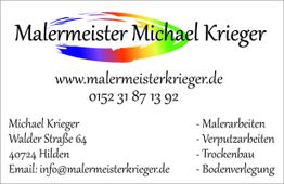 Visitenkarte von Malermeister Michael Krieger mit Kontakt- und Dienstleistungsinformationen.