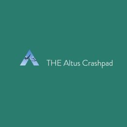 Logo with text "THE Altus Crashpad" on a green background featuring an airplane graphic.
