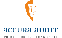 Logo von Accura Audit mit stilisiertem Gesicht und Städtenamen Trier, Berlin, Frankfurt.