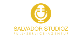 Logo mit gelbem Mikrofon und Text: "SALVADOR STUDIOZ - FULL-SERVICE-AGENTUR".