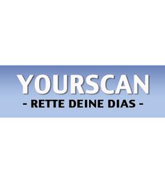 Yourscan-Logo mit Text: "Rette deine Dias", blauer Hintergrund.