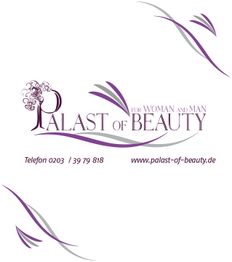 Logo "Palast of Beauty" mit lila Verzierungen und Kontaktdaten.