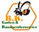 Logo mit Biene in Sechseck. Text: B.K. Garten & Hausmeisterservice in Orange und Grün.