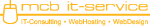 Logo: mcb it-service mit Maus-Icon. Text: IT-Consulting, WebHosting, WebDesign in Orange.