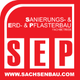 Rotes Logo mit Text: "Sanierungs- & Erd- & Pflasterbau Fachbetrieb SEP, www.sachsenbau.com".
