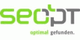 Logo mit Text "seo-pt" in Grün und Grau, darunter "optimal gefunden." in kleiner Schrift.