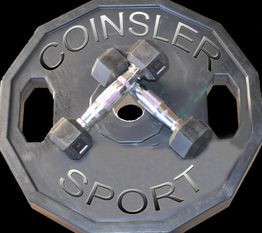 Disco negro con mancuernas cruzadas y texto "Coinsler Sport".
