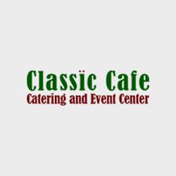 "Logo: Classic Cafe Catering and Event Center, green and red text on a gray background."