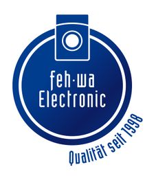 Blaues Logo mit der Aufschrift "feh-wa Electronic." Text: "Qualität seit 1998" am Rand.
