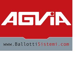 Logo AGVIA su sfondo rosso, sito web www.BallottiSistemi.com su sfondo grigio.