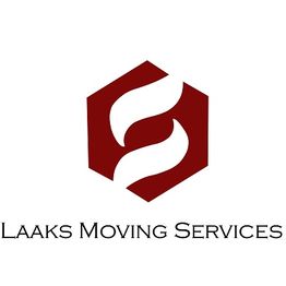 Red hexagon with stylized white "S" and text "Laaks Moving Services" below.