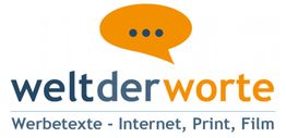 Logo mit Sprechblase, Schriftzug "weltderworte", und Text: "Werbetexte - Internet, Print, Film".