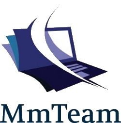 Logo mit stilisiertem Laptop und "MmTeam"-Schriftzug in Blau.