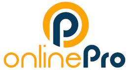Logo: Schriftzug "onlinePro" in Orange und Blau, mit einem stilisierten "P" in einem Kreis.