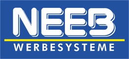 Logo mit Text: "NEEB WERBESYSTEME" auf blauem Hintergrund.