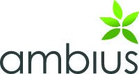 Logo: Schwarzer Schriftzug "ambius" mit grünem Blattmotiv oben rechts.