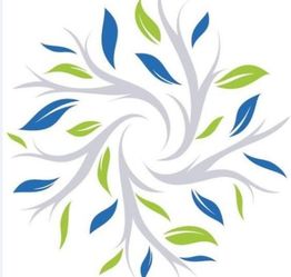 Abstract design with blue and green leaves spiraling outward from a central point.