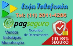 Imagem publicitária da "Loja Telefonia" com contato, PagSeguro e ícones de segurança.