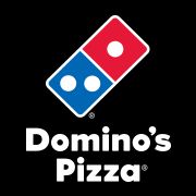 Logotipo de Domino's Pizza con las fichas icónicas en rojo y azul sobre fondo negro.