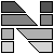 Schwarz-graues geometrisches Muster mit Rechtecken und Dreiecken auf weißem Hintergrund.