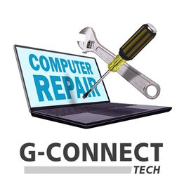 Laptop with "Computer Repair" text, wrench and screwdriver, G-Connect Tech logo below.