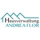 Logo mit drei Dächern, Schriftzug: "Hausverwaltung Andrea Flor".