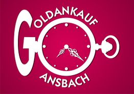 Logo mit Taschenuhr und Text "Goldankauf Ansbach" auf rotem Hintergrund.