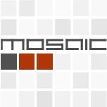 Logo mit Schriftzug "mosaic" und drei farbigen Quadraten auf grauer, kachelartiger Fläche.